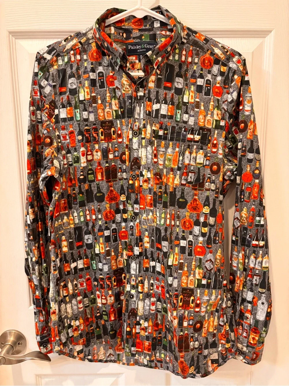 Paisley & Gray Men's Gray Button-Up Shirt with Bottle Print